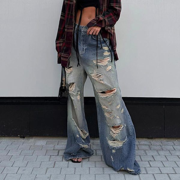 Street Beggar Ripped Washed Old Loose Straight Jeans Tall Women Slimming Hip Hop Trousers