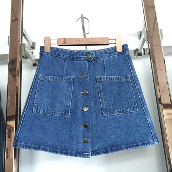 Korean Dongdaemun Personalized Large Pocket Breasted Office Denim A line Skirt Outfit Ideas