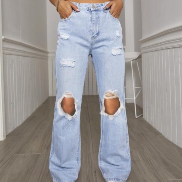 Spring Summer Holes Waist Slimming Denim Micro Pull Straight All Match Denim Trousers Women