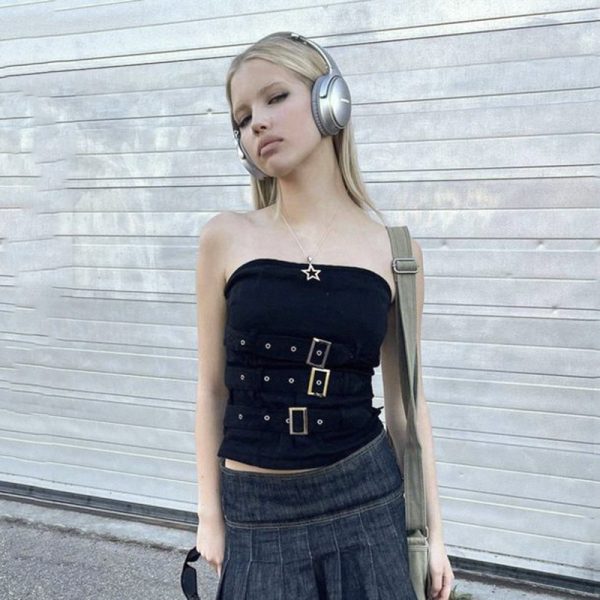 Punk Dark Corns Multiple Straps Metal Adjustment Buckle Tube Top