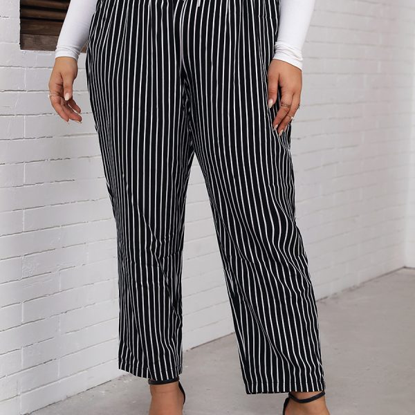 Black and White Striped Slim Fit Straight Casual Pants: Plus Size Women's Slimming Style