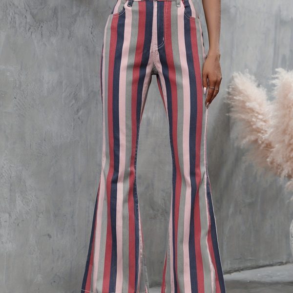 Spring Summer Striped Skinny Raw Edge Denim Casual Trousers Women