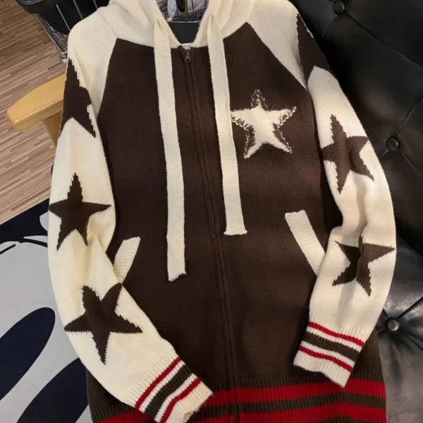 Star Zipper Retro Loose Knitted Cardigan Harajuku Long-sleeved Hoodie