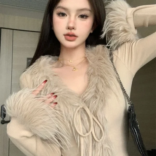 Korean Solid Color Fur Knitted V-neck Tie Y2k Top