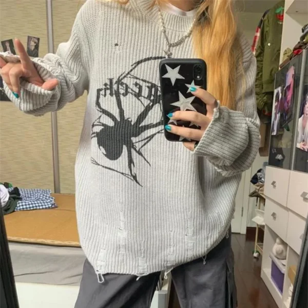 Spider-Print-Tassel-Sweater-Women-Gothic-Vintage-Ripped-Grunge-Long-Sleeve-Top-Oversized-Casual-Fashion-Hip-1