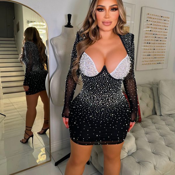 Women Mesh Rhinestone Long Sleeve Short Dress