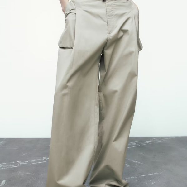 Women's Khaki Loose Fitting Wide Leg Trousers