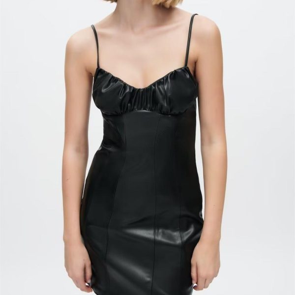 Women's Black Faux Leather Cami Dress