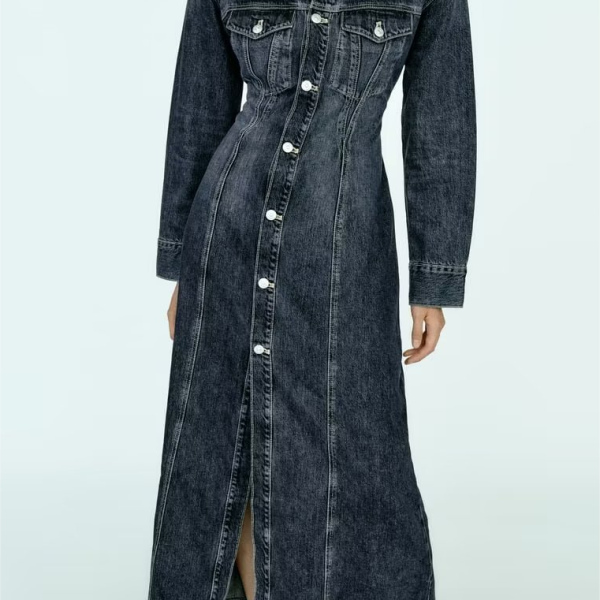 Women's Clothing Street Polo Collar Long Denim Slim Dress