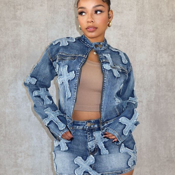 Women's  Skirt Set Embroidered Denim Short Skirt Jacket Suits Suit