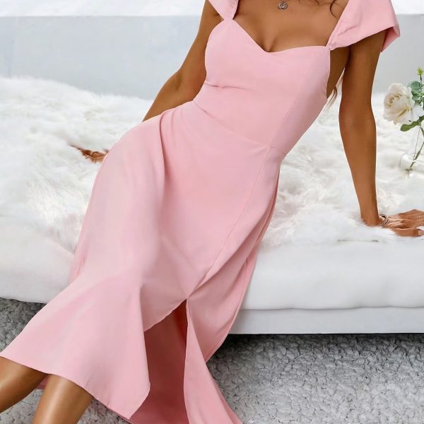 Women's Clothing Simple Square Collar Back Elastic Pink Dress