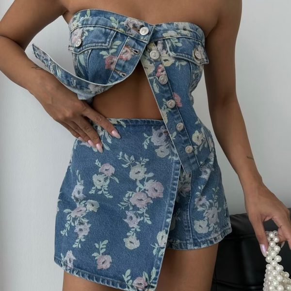 Women's Clothing Sexy Floral Strapless Top a Short Skirt Two Piece Set