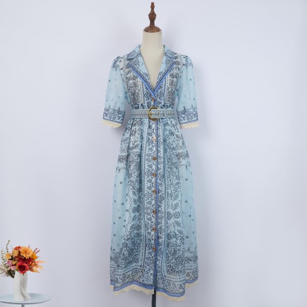 Women's  Print Dress Patchwork Lace With Belt Dress