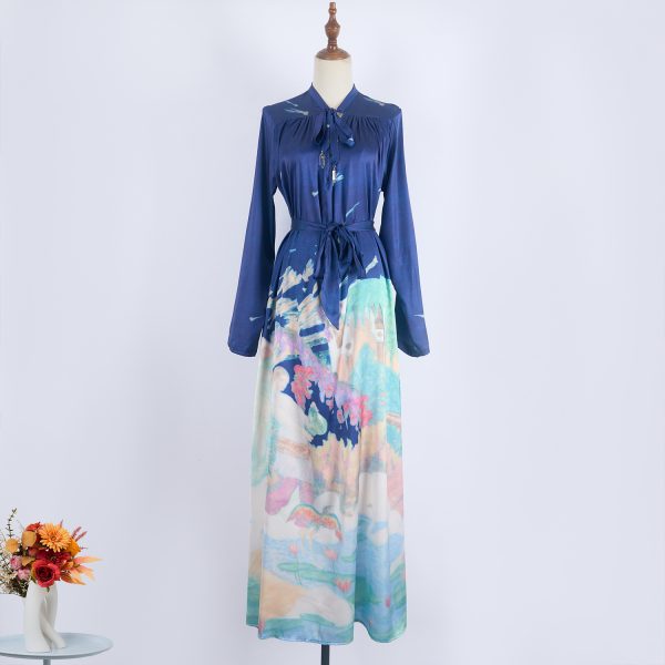 Women's Spring Print Dress With Belt Maxi Dress