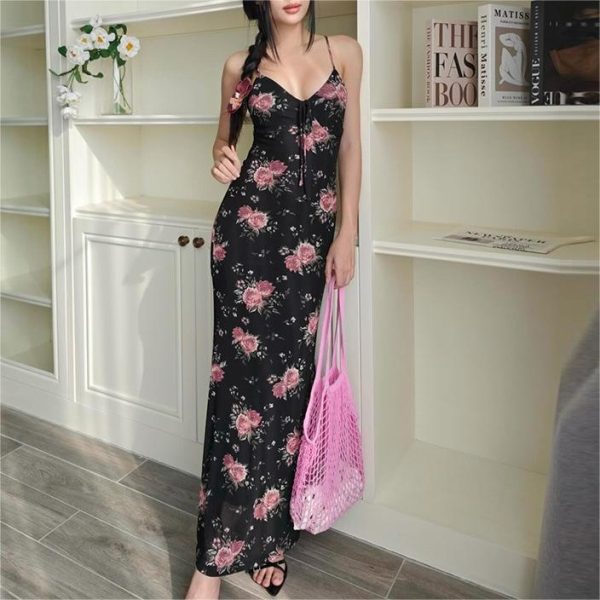 Women's Low-Cut V-neck Personalized Floral Printed Mesh Sling Dress