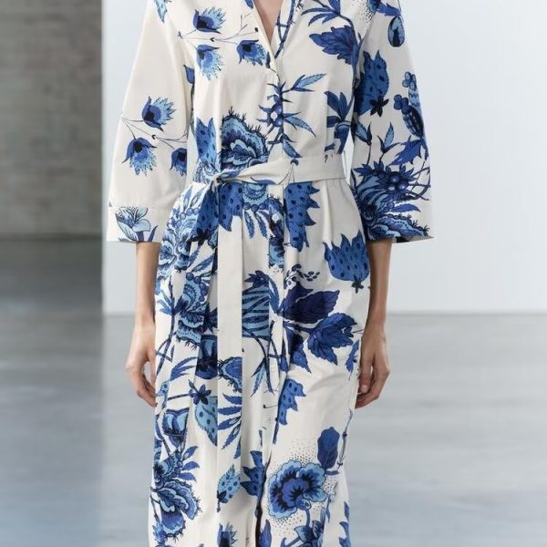 Women's Clothing With Belt Printed Shirt Dress Long Dress