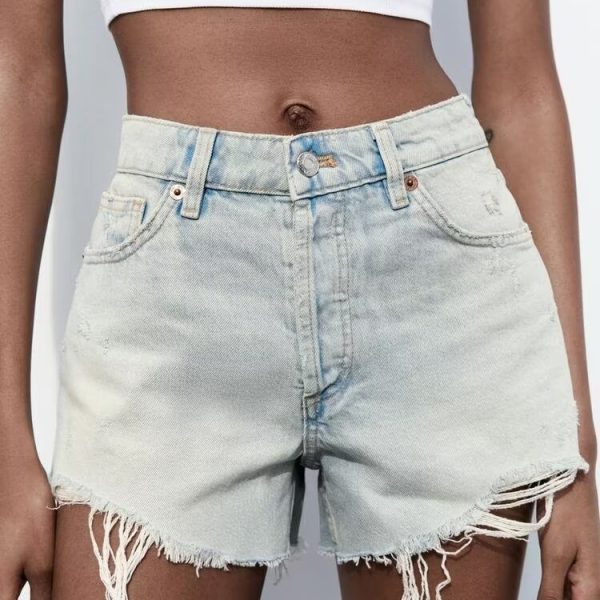 Women's  French Perforated Hole Decoration High Waist Casual Denim Shorts