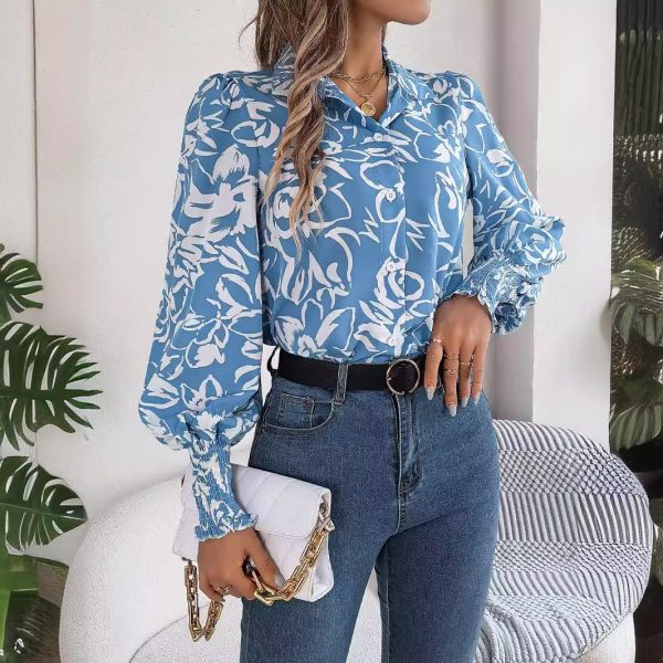 Women's Color Floral Lantern Sleeve Collared Shirt Women Clothing