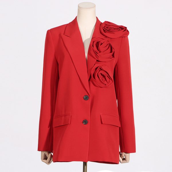 Women's Solid Color V Neck Rose Stitching Design Profile Blazer