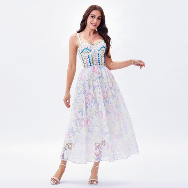 Women'sThree Dimensional Floral Fairy Boning Corset Waist Tight Princess Sling Dress