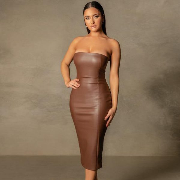 Women'sr Faux Leather Elegant Slim-Fit Tube Top Back Slit Sexy Midi Dress